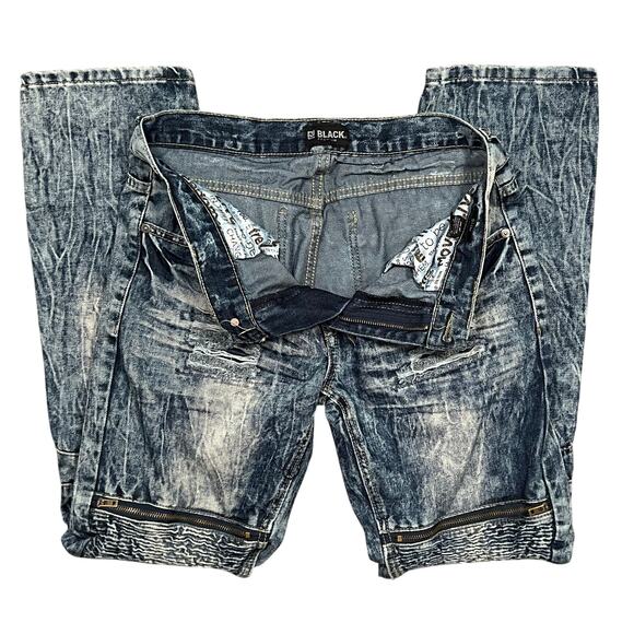 CJ Black Premium Slim Fit Distressed Zipper Acid Wash Denim Jeans Mens 30 32 - Picture 5 of 9